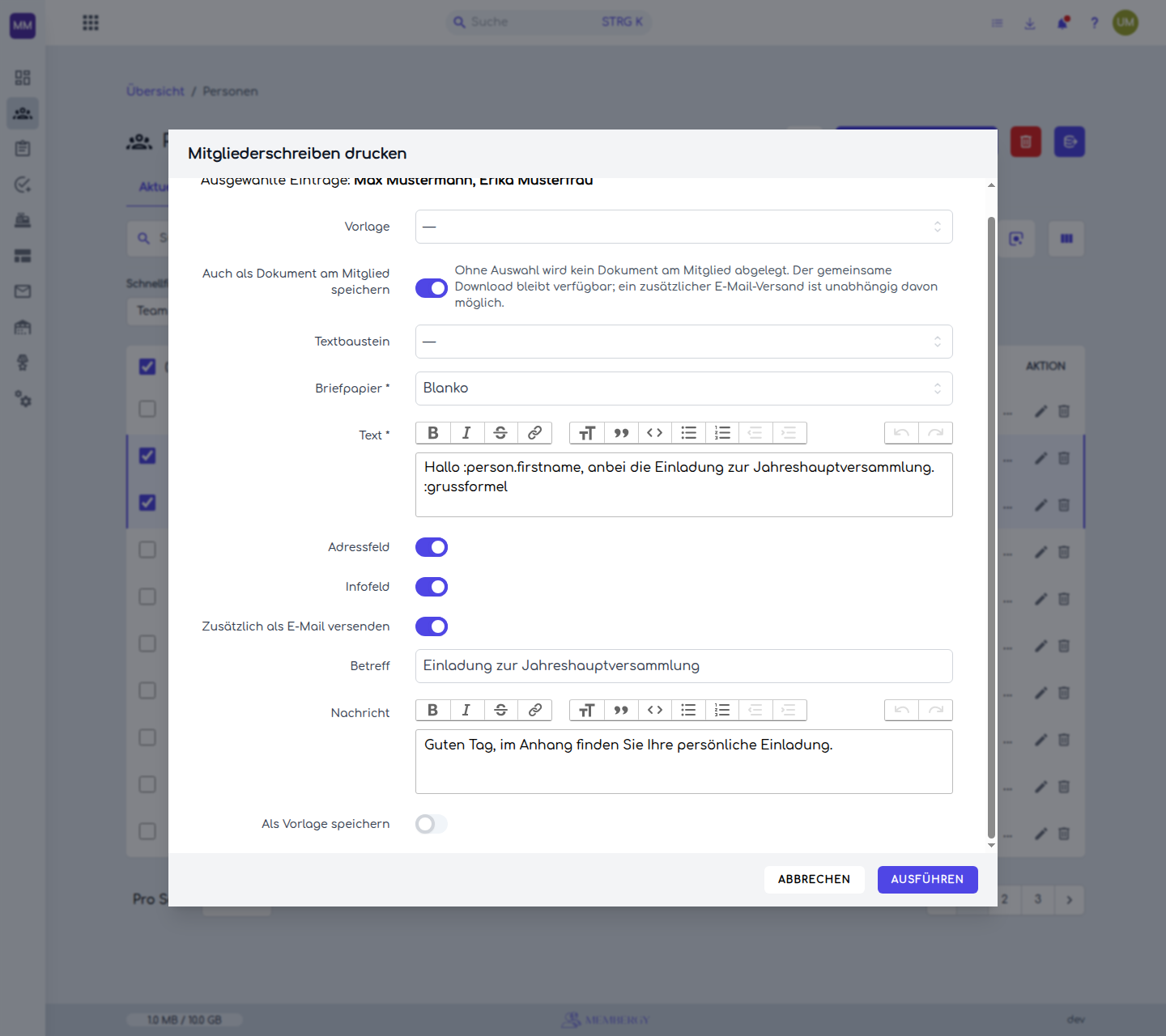 E-Mail-Auswahl mit Betreff und Begleittext im unteren Briefdialog
